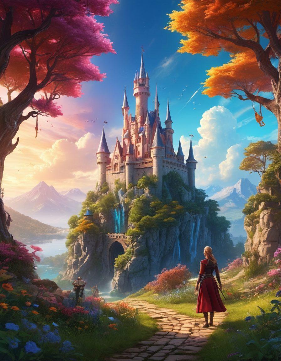 A whimsical virtual landscape filled with vibrant colors showcasing various gaming adventures like medieval castles, futuristic cities, and enchanted forests. Include characters in dynamic poses, embodying joy and excitement, engaging in playful battles and cooperative quests. Incorporate elements like glowing portals and playful creatures, weaving through the scene. The atmosphere should be magical yet inviting, inspiring a sense of exploration and thrill. fantasy art. vibrant colors. 3D.