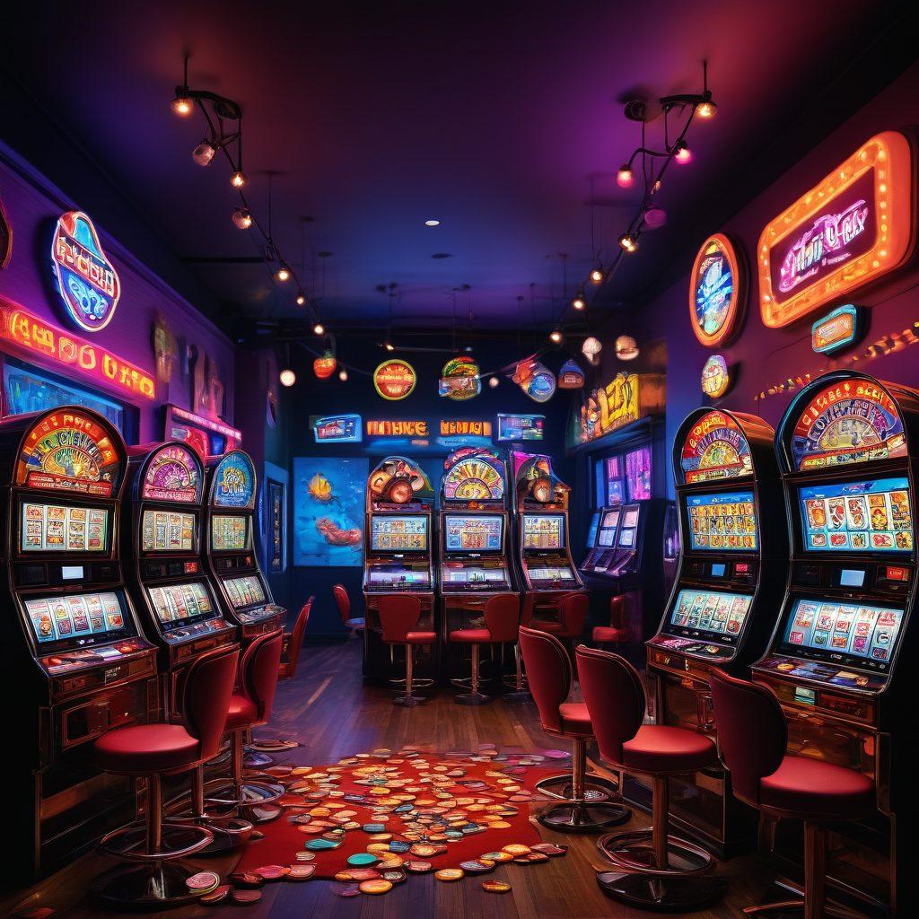 A vibrant and dynamic collage showcasing various immersive gaming experiences, featuring a bright slot machine with spinning reels, a felt poker table with players engaged in a game, and neon lights illuminating the scene. Include elements of excitement, such as coins cascading from the slots and cards fanning out on the poker table. The background should emit a lively nightlife atmosphere. vibrant colors. 3D.