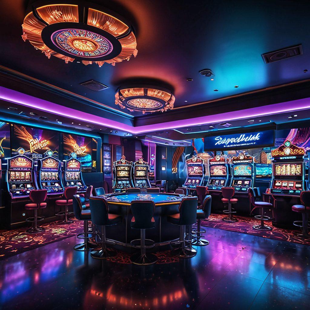 A mesmerizing digital landscape of a futuristic online casino, showcasing vibrant neon lights, high-stakes poker tables, and spinning slot machines. Include diverse players celebrating their victories, confetti falling, and virtual chips in the air. The background features a sleek skyline with glowing advertisements promoting various games. This scene captures the thrill of wagering and the allure of fortune. super-realistic. vibrant colors. cyberpunk.